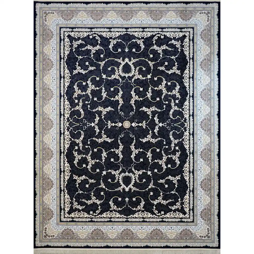 فرش کد 9513 طرح لوتوس سرمه ای 1200 شانه تراکم 3600 نخ تمام آکریلیک